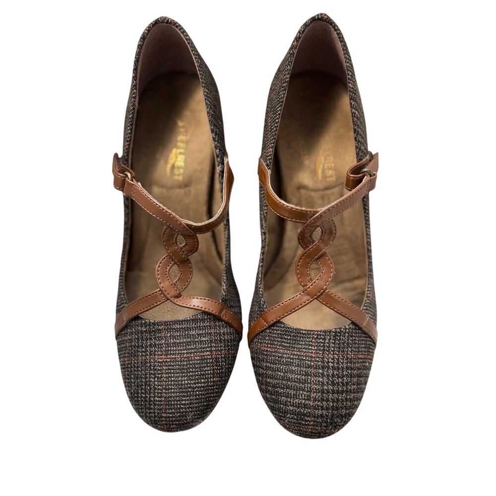 Aerosoles Heelrest women 6.5M Brown plaid leather strap block heel shoe pump